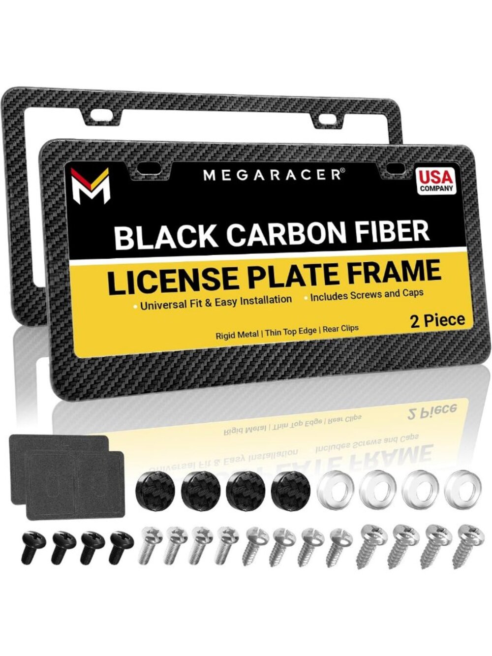 Sleek Carbon Fiber License Plate Frames, 2 Pack, Thin-Top Metal Design